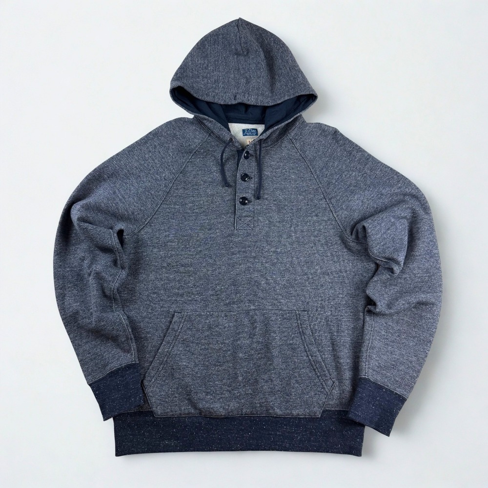J.‎ Crew Hoodie Mens Medium Blue Henley Button Vintage Fleece Raglan Pullover